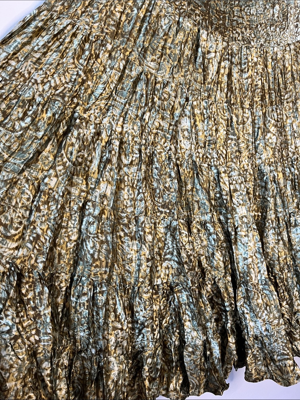 Telluride Sundance vintage 100% crushed silk shiny green gold midi skirt - Picture 3 of 10